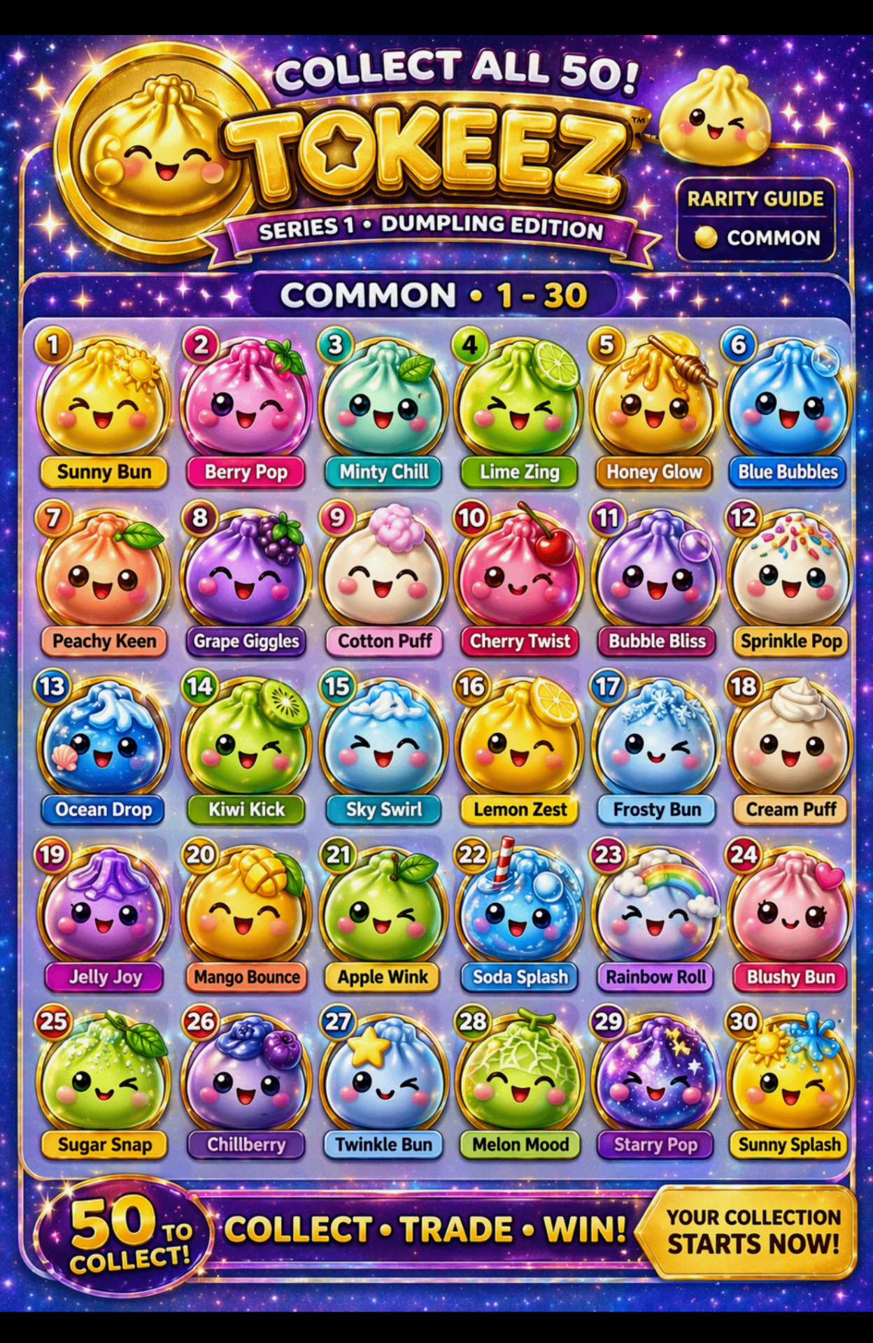 Common Series 1 — 30 Dumpling characters (Sunny Bun, Berry Pop, Minty Chill and more)