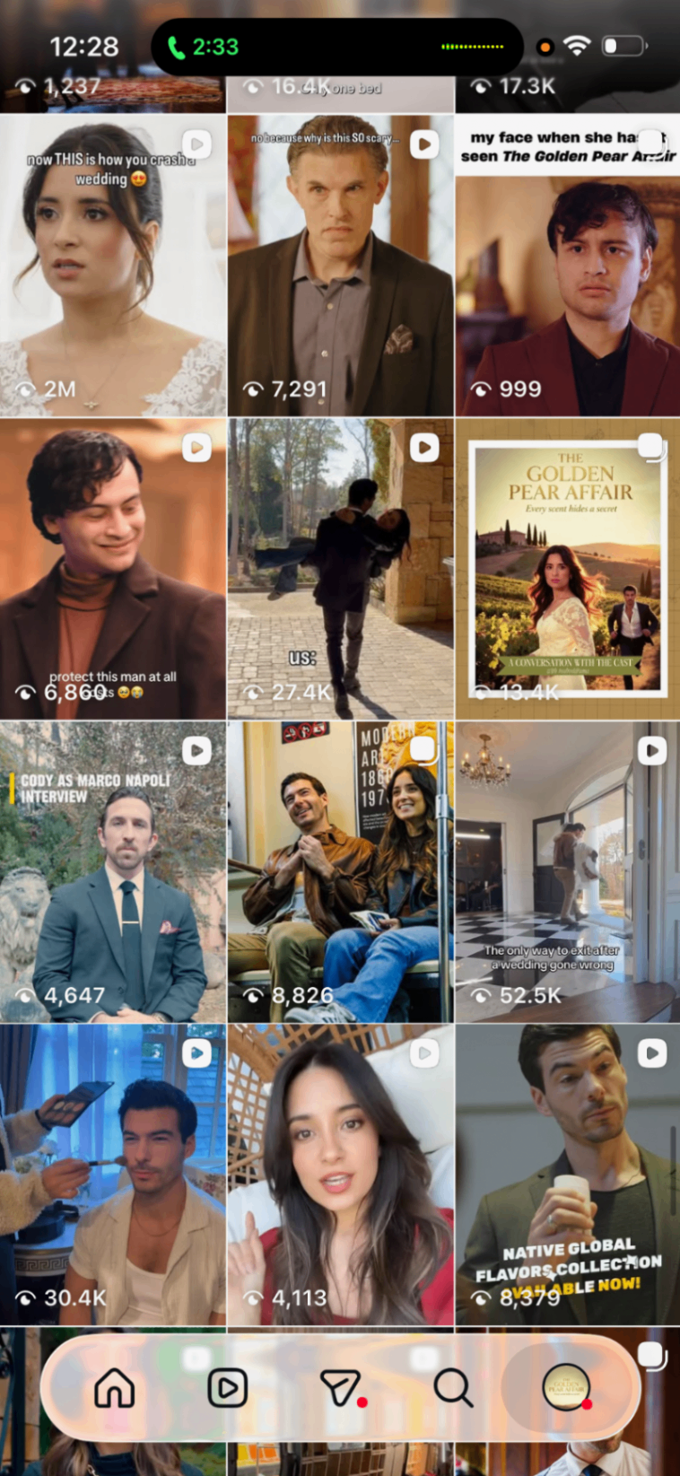 Viral clips grid — 2M views, cast content, BTS
